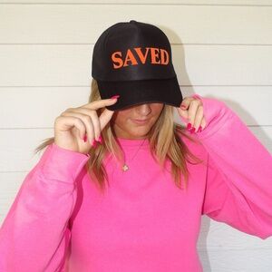 Black Trucker Hat with Saved in Orange - New